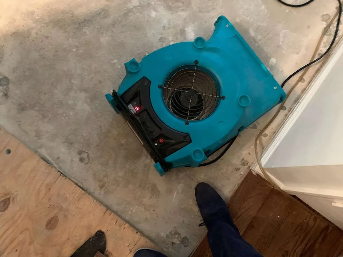Air mover drying subfloor during Leak Detection & Repair in Scituate